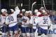 The Montreal Canadiens celebrate after defeating the New York Rangers 3-2 in overtime in Game 3 of the NHL hockey Stanley Cup playoffs Eastern Conference finals, Thursday, May 22, 2014, in New York. (AP Photo/Kathy Willens)