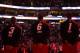 Miami Heat's Dwyane Wade, from left, LeBron James and Chris Bosh line up before an NBA basketball game against the Philadelphia 76ers, Friday, Jan. 17, 2014, in Philadelphia. (AP Photo/Matt Slocum)