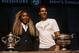 Defending champions Serena Williams, of the U.S, left, and Spain's Rafael Nadal pose during the draw for the French Open Tennis tournament, at the Roland Garros stadium in Paris, Friday, May 23, 2014. The French Open tennis tournament starts Sunday. At left is the women's trophy, at right, the men's trophy. (AP Photo/Michel Euler)