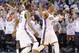 Oklahoma City Thunder forward Kevin Durant (35) celebrates with teammate Russell Westbrook, right, at the end of Game 5 of the Western Conference semifinal NBA basketball playoff series against the Los Angeles Clippers in Oklahoma City, Tuesday, May 13, 2014. Oklahoma City won 105-104. (AP Photo)