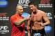 Apr 26, 2013; Newark, NJ, USA; Chael Sonnen (right) is interviewed by Joe Rogan after being weighed in for his light heavyweight title bout against Jon Jones (not pictured) at the Prudential Center. Mandatory Credit: Joe Camporeale-USA TODAY Sports