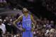 Oklahoma City Thunder's Kevin Durant (35) during the first half of Game 2 of a Western Conference finals NBA basketball playoff series against the San Antonio Spurs, Wednesday, May 21, 2014, in San Antonio. (AP Photo/Eric Gay)