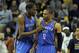 Apr 24, 2014; Memphis, TN, USA; Oklahoma City Thunder forward Kevin Durant (35) and guard Russell Westbrook (0) talk during the game against the Memphis Grizzlies in game three of the first round of the 2014 NBA Playoffs at FedExForum. Memphis Grizzlies beat Oklahoma City Thunder in overtime 98 - 95. Mandatory Credit: Justin Ford-USA TODAY Sports