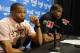 LOS ANGELES, CA - MAY 11: Russell Westbrook #0 and Kevin Durant #35 of the Oklahoma City Thunder answers questions from the media after a game against the Los Angeles Clippers in Game Four of the Western Conference Semifinals during the 2014 NBA Playoffs at Staples Center on May 11, 2014 in Los Angeles, California. NOTE TO USER: User expressly acknowledges and agrees that, by downloading and/or using this Photograph, user is consenting to the terms and conditions of the Getty Images License Agreement. Mandatory Copyright Notice: Copyright 2014 NBAE (Photo by Andrew D. Bernstein/NBAE via Getty Images)
