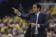 Miami Heat head coach Erik Spoelstra in action during the first half of Game 2 of the NBA basketball Eastern Conference finals against the Indiana Pacers in Indianapolis, Tuesday, May 20, 2014. (AP Photo/Michael Conroy)