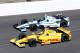 Ryan Hunter-Reay, bottom and James Davison, of Australia, head into the first turn on the final day of practice for the Indianapolis 500 IndyCar auto race at the Indianapolis Motor Speedway in Indianapolis, Friday, May 23, 2014. The 98th running of the Indianapolis 500 is Sunday. (AP Photo/Tom Strattman)