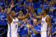 OKLAHOMA CITY, OK - MAY 25: Serge Ibaka #9 and Kevin Durant #35 of the Oklahoma City Thunder celebrate late in the second half against the San Antonio Spurs during Game Three of the Western Conference Finals of the 2014 NBA Playoffs at Chesapeake Energy Arena on May 25, 2014 in Oklahoma City, Oklahoma. (Photo by Ronald Martinez/Getty Images)