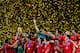 JOHANNESBURG, SOUTH AFRICA - JULY 11: The Spain team celebrate winning the World Cup as captain Iker Casillas (C) waves to fans during the 2010 FIFA World Cup South Africa Final match between Netherlands and Spain at Soccer City Stadium on July 11, 2010 in Johannesburg, South Africa. (Photo by Jamie McDonald/Getty Images)