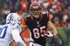 Cincinnati Bengals tight end Tyler Eifert (85) runs against Indianapolis Colts free safety Darius Butler (20) during an NFL football game, Sunday, Dec. 8, 2013, in Cincinnati. (AP Photo/David Kohl)