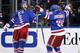 New York Rangers center Derick Brassard celebrates with right wing Mats Zuccarello (36) after scoring against the Montreal Canadiens during the second period of Game 4 of the NHL hockey Stanley Cup playoffs Eastern Conference finals, Sunday, May 25, 2014, in New York. (AP Photo/Kathy Willens)