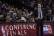 Oklahoma City Thunder coach Scott Brooks during the first half of Game 1 of a Western Conference finals NBA basketball playoff series against the San Antonio Spurs, Monday, May 19, 2014, in San Antonio. (AP Photo/Eric Gay)