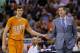 Phoenix Suns' Goran Dragic (1), of Slovenia, gives five to coach Jeff Hornacek during the second half of an NBA basketball game against the New York Knicks, Friday, March 28, 2014, in Phoenix. The Suns won 112-88. (AP Photo/Matt York)