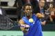 France's Gael Monfils returns the ball to German player Peter Gojowczyk, during their single match in the quarterfinals of the Davis Cup in Nancy, eastern France, Sunday April 6, 2014.(AP Photo/Remy de la Mauviniere)