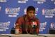 MIAMI, FL - May 26: Paul George #24 of the Indiana Pacers addresses the media after Game Four of the Eastern Conference Finals against the Miami Heat during the 2014 NBA Playoffs at the American Airlines Arena in Miami, Florida on May 26, 2014. NOTE TO USER: User expressly acknowledges and agrees that, by downloading and/or using this photograph, user is consenting to the terms and conditions of the Getty Images License Agreement. Mandatory copyright notice: Copyright NBAE 2014 (Photo by Issac Baldizon/NBAE via Getty Images)