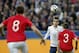 Antoine Griezmann of France, center, heads the ball as Havard Nordtveit of Norway, left, and Martin Linnes look on during the friendly soccer match between France and Norway at the Stade de France stadium in Saint Denis, outside Paris, Tuesday, May 27, 2014. France are preparing for the upcoming soccer World Cup in Brazil starting on 12 June. (AP Photo/Christophe Ena)