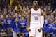 Oklahoma City Thunder guard Reggie Jackson (15) shouts in reaction to a three-point basket by teammate Kevin Durant in the second quarter of Game 3 of an NBA basketball playoff series in the Western Conference finals, against the San Antonio Spurs, Sunday, May 25, 2014, in Oklahoma City. Oklahoma City won 106-97. (AP Photo/Sue Ogrocki)