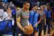 May 27, 2014; Oklahoma City, OK, USA; Oklahoma City Thunder guard Russell Westbrook (0) warms up prior to action against the San Antonio Spurs in game four of the Western Conference Finals of the 2014 NBA Playoffs at Chesapeake Energy Arena. Mandatory Credit: Mark D. Smith-USA TODAY Sports