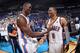 OKLAHOMA CITY, OK MAY 27: Serge Ibaka #9 and Russell Westbrook #0 of the Oklahoma City Thunder celebrate after a game against the San Antonio Spurs in Game Four of the Western Conference Finals during the 2014 NBA Playoffs on May 27, 2014 at the Chesapeake Energy Arena in Oklahoma City, Oklahoma. NOTE TO USER: User expressly acknowledges and agrees that, by downloading and or using this photograph, User is consenting to the terms and conditions of the Getty Images License Agreement. Mandatory Copyright Notice: Copyright 2014 NBAE (Photo by Layne Murdoch/NBAE via Getty Images)