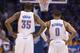 OKLAHOMA CITY, OK - May 27: Kevin Durant #35 and Russell Westbrook #0 of the Oklahoma City Thunder look on against the San Antonio Spurs in Game 4 of the Western Conference Finals during the 2014 NBA Playoffs at the Chesapeake Arena on May 27, 2014 in Oklahoma City, Oklahoma. NOTE TO USER: User expressly acknowledges and agrees that, by downloading and/or using this photograph, user is consenting to the terms and conditions of the Getty Images License Agreement. Mandatory Copyright Notice: Copyright 2014 NBAE (Photo by Richard Rowe/NBAE via Getty Images)