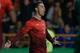 Portugal's Cristiano Ronaldo celebrates after scoring the opening goal during their friendly soccer match with Cameroon Wednesday, March 5 2014, in Leiria, Portugal. The game is part of both teams' preparation for the World Cup in Brazil. (AP Photo/Armando Franca)