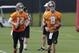 Tampa Bay Buccaneers quarterbacks Josh McCown (12) and Mike Glennon run during a organized team activity Tuesday, May 27, 2014, in Tampa, Fla. (AP Photo/Chris O'Meara)