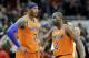 New York Knicks forward Carmelo Anthony, left, and guard Raymond Felton react after Anthony missed a last goal during the second half of an NBA basketball game against the Chicago Bulls in Chicago, Thursday, Oct. 31, 2013. The Bulls won 82-81. (AP Photo/Nam Y. Huh)