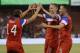 United States' Aron Johannsson (9) celebrates his goal with teammate Matt Besler, right, and Brad Davis (14) during the second half of an international friendly soccer match against Azerbaijan on Tuesday, May 27, 2014, in San Francisco. United States won 2-0. (AP Photo/Marcio Jose Sanchez)