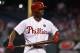 Philadelphia Phillies' Jimmy Rollins reacts to striking out during the fourth inning of a baseball game against the Cincinnati Reds, Saturday, May 17, 2014, in Philadelphia. The Phillies won 12-1. (AP Photo/Chris Szagola)