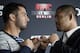 Dutch middleweight fighter Gegard Mousasi, left, and Mark Munoz from the US, right, pose for the photographers prior to a joint press conference in Berlin, Germany, Thursday, April 3, 2014. Munoz and Mousasi will fight during a UFC (Ultimate Fighting Championship) fight night in Berlin on Saturday, May 31, 2014. (AP Photo/Michael Sohn)