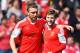 SOUTHAMPTON, ENGLAND - MAY 11: Rickie Lambert (L) of Southampton celebrates with team mate Adam Lallana (R) after scoring during the Barclays Premier League match between Southampton and Manchester United at St Mary's Stadium on May 11, 2014 in Southampton, England. (Photo by Mike Hewitt/Getty Images)