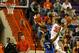 CLEMSON, SC - JANUARY 11: K.J. McDaniels #32 of the Clemson Tigers makes a shot over Amile Jefferson #21 of the Duke Blue Devils during the game against at Littlejohn Coliseum on January 11, 2014 in Clemson, South Carolina. The Clemson Tigers defeated the Duke Blue Devils by a score of 72-59. (Photo by Tyler Smith/Getty Images)