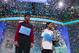 Ansun Sujoe, 13, of Fort Worth, Texas, left, and Sriram Hathwar, 14, of Painted Post, N.Y., celebrate as they wait for the rest of their families to join them on stage after being named co-champions of the National Spelling Bee, on Thursday, May 29, 2014, in Oxon Hill, Md. (AP Photo/Evan Vucci)