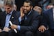 Detroit Pistons assistant coach Rasheed Wallace directs players against the Denver Nuggets in the third quarter of the Nuggets' 118-109 victory in an NBA basketball game in Denver on Wednesday, March 19, 2014. (AP Photo/David Zalubowski)