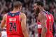 PORTLAND, OR - MARCH 20: Andre Miller #24 and John Wall #2 of the Washington Wizards on the court during the game against the Portland Trail Blazers on March 20, 2014 at the Moda Center Arena in Portland, Oregon. NOTE TO USER: User expressly acknowledges and agrees that, by downloading and or using this photograph, user is consenting to the terms and conditions of the Getty Images License Agreement. Mandatory Copyright Notice: Copyright 2014 NBAE (Photo by Sam Forencich/NBAE via Getty Images)