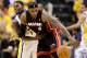 May 28, 2014; Indianapolis, IN, USA; Miami Heat forward LeBron James (6) loses control of the ball as Indiana Pacers guard Lance Stephenson (1) defends during the third quarter in game five of the Eastern Conference Finals of the 2014 NBA Playoffs at Bankers Life Fieldhouse. Mandatory Credit: Brian Spurlock-USA TODAY Sports