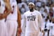 May 30, 2014; Miami, FL, USA; Miami Heat forward LeBron James celebrates with teammates against the Indiana Pacers during the second half in game six of the Eastern Conference Finals of the 2014 NBA Playoffs at American Airlines Arena. Mandatory Credit: Steve Mitchell-USA TODAY Sports