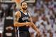 May 8, 2014; Miami, FL, USA; Brooklyn Nets guard Deron Williams (8) takes a breather during the second half in game two of the second round of the 2014 NBA Playoffs against the Miami Heat at American Airlines Arena. Miami won 94-82. Mandatory Credit: Steve Mitchell-USA TODAY Sports