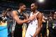 OKLAHOMA CITY, OK - MAY 31: Tim Duncan #21 of the San Antonio Spurs and Kevin Durant #35 of the Oklahoma City Thunder after Game 6 of the Western Conference Finals during the 2014 NBA playoffs at Chesapeake Energy Arena on may 31, 2014 in Oklahoma City, Oklahoma. NOTE TO USER: User expressly acknowledges and agrees that, by downloading and/or using this photograph, user is consenting to the terms and conditions of the Getty Images License Agreement. Mandatory Copyright Notice: Copyright 2014 NBAE (Photo by Nathaniel S. Butler/NBAE via Getty Images)
