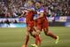 United States' Aron Johannsson (9) celebrates his goal with teammate Matt Besler, right, during the second half of an international friendly soccer match against Azerbaijan on Tuesday, May 27, 2014, in San Francisco. United States won 2-0. (AP Photo/Marcio Jose Sanchez)