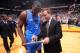MIAMI, FL - JUNE 21: Head Coach Scott Brooks of the Oklahoma City Thunder instructs Kendrick Perkins #5 of the Oklahoma City Thunder during Game Five of the 2012 NBA Finals between the Miami Heat and the Oklahoma City Thunder at American Airlines Arena on June 21, 2012 in Miami, Florida. NOTE TO USER: User expressly acknowledges and agrees that, by downloading and or using this Photograph, user is consenting to the terms and conditions of the Getty Images License Agreement. Mandatory Copyright Notice: Copyright 2012 NBAE (Photo by Andrew D. Bernstein/NBAE via Getty Images)