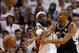 Jun 18, 2013; Miami, FL, USA; San Antonio Spurs point guard Tony Parker (9) passes against Miami Heat small forward LeBron James (6) during the first quarter of game six in the 2013 NBA Finals at American Airlines Arena. Mandatory Credit: Derick E. Hingle-USA TODAY Sports