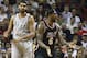 After fouling San Antonio Spurs' Tim Duncan (21), Miami Heat's LeBron James (6) reacts as he is charged with a technical foul also, during the second half of an NBA basketball game in Miami, Sunday, Jan. 26, 2014. The Heat won 113-101. (AP Photo/J Pat Carter)