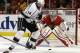 Los Angeles Kings right wing Justin Williams (14) attempts to shoot against Chicago Blackhawks goalie Corey Crawford (50) during the first period in Game 7 of the Western Conference finals in the NHL hockey Stanley Cup playoffs Sunday, June 1, 2014, in Chicago. (AP Photo/Nam Y. Huh)