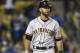 San Francisco Giants’ Brandon Hicks reacts after he strikes out during the ninth inning of a baseball game against the Los Angeles Dodgers in Los Angeles, Thursday, May 8, 2014. (AP Photo/Kelvin Kuo)