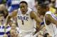 Duke's Jabari Parker, left, reacts with teammate Rasheed Sulaimon, right, after a basket against North Carolina State during the second half of an NCAA college basketball game in the semifinals of the Atlantic Coast Conference tournament in Greensboro, N.C., Saturday, March 15, 2014. (AP Photo/Gerry Broome)