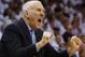 San Antonio Spurs coach Gregg Popovich shouts from the sideline during the first half against the Oklahoma City Thunder in Game 6 of the Western Conference finals NBA basketball playoff series, in Oklahoma City, Saturday, May 31, 2014. (AP Photo/Sue Ogrocki)