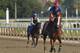 California Chrome gallops around the track with exercise rider Willie Delgado up at Belmont Park, Tuesday, June 3, 2014, in Elmont, N.Y. The Kentucky Derby and Preakness Stakes winner will attempt to become the first Triple Crown winner since Affirmed in 1978 when he races in the146th running of the Belmont Stakes on Saturday. (AP Photo/Peter Morgan)