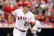 Los Angeles Angels’ Mike Trout watches his solo home run against the Kansas City Royals in the fifth inning of a baseball game on Saturday, May 24, 2014, in Anaheim, Calif. (AP Photo/Alex Gallardo)