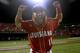 Louisiana-Lafayette's Jace Conrad celebrates after winning an NCAA college baseball tournament regional game against Mississippi State in Lafayette, La., Monday, June 2, 2014. Louisiana-Lafayette won 5-3. (AP Photo/Jonathan Bachman)