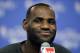 Miami Heat forward LeBron James takes questions during a news conference at basketball practice on Wednesday, June 4, 2014 in San Antonio. The Heat play Game 1 of the NBA Finals against the San Antonio Spurs on Thursday. (AP Photo/Tony Gutierrez)
